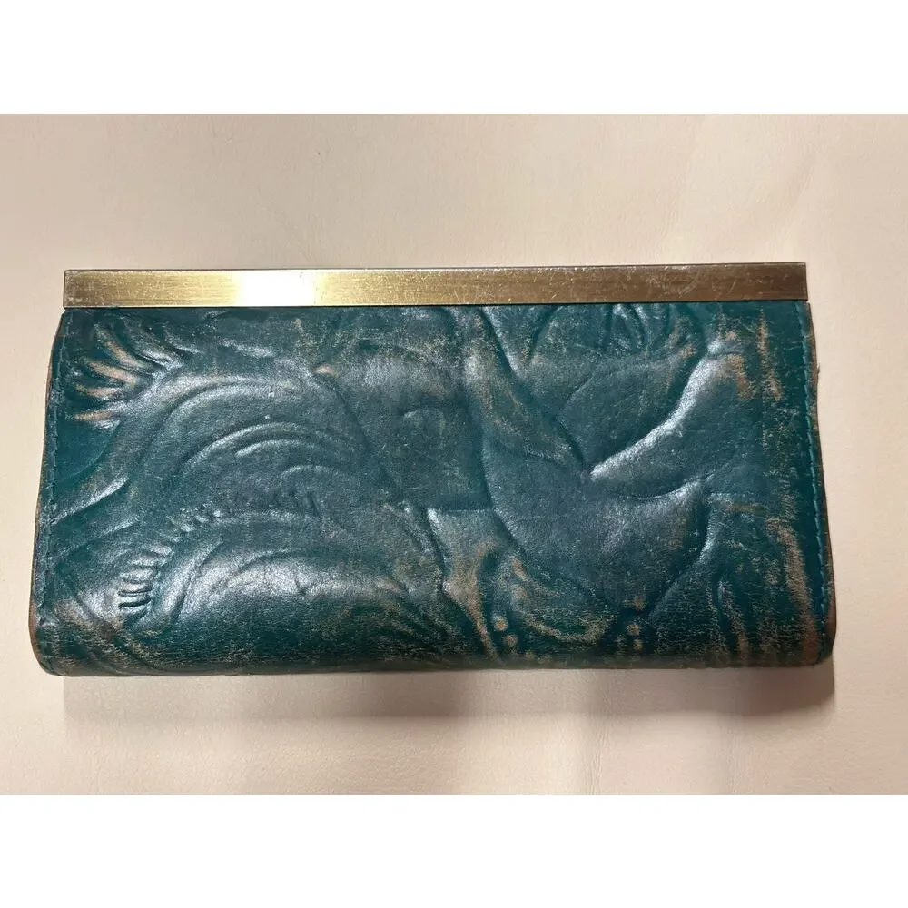 Patricia Nash Italian Leather Womens Floral Flower Hand Clutch Purse Dk Green
